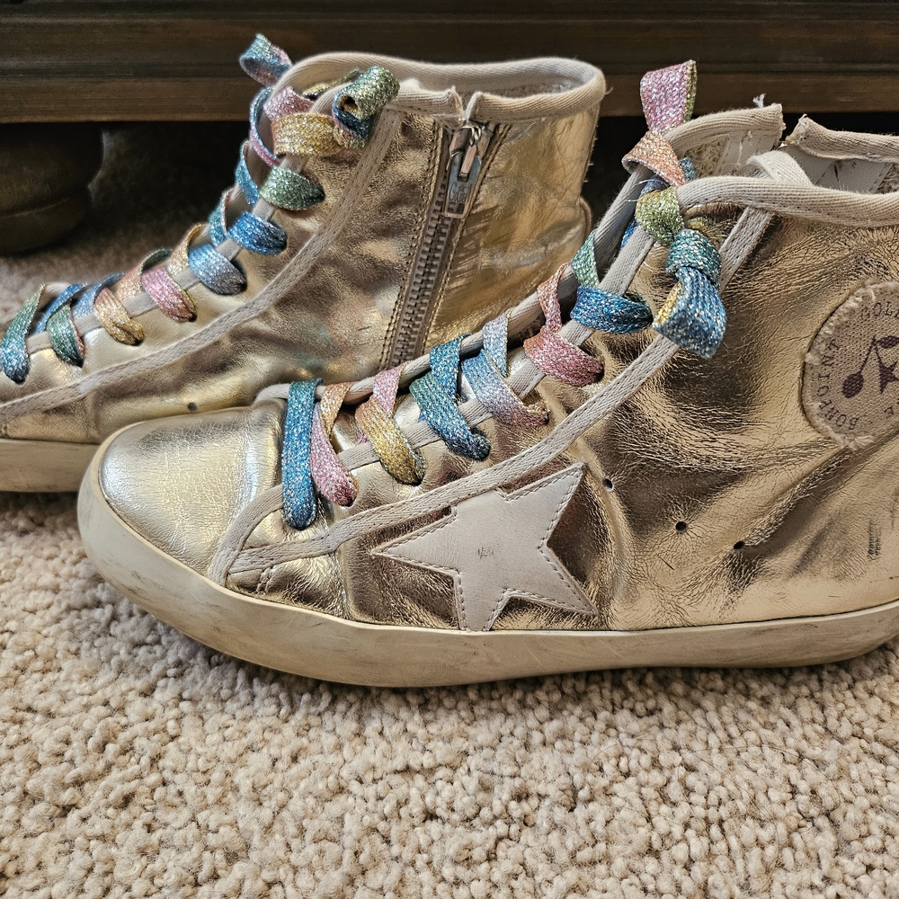 Golden Goose Gold High-Top Sneakers with Multicolor Laces